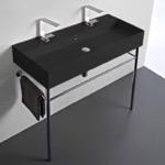 Bathroom Sink, Scarabeo 8031/R-100B-49-CON, Double Matte Black Ceramic Console Sink and Polished Chrome Stand
